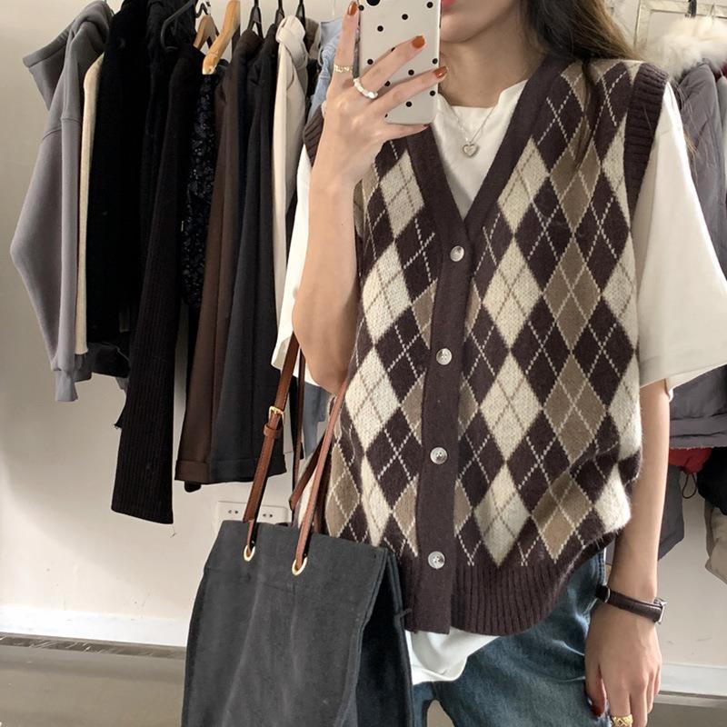 セーターベスト女性ヴィンテージシンプルなノースリーブカレッジハイストリートニット V ネック毎日秋居心地の良いアーガイルプレッピースタイル原宿