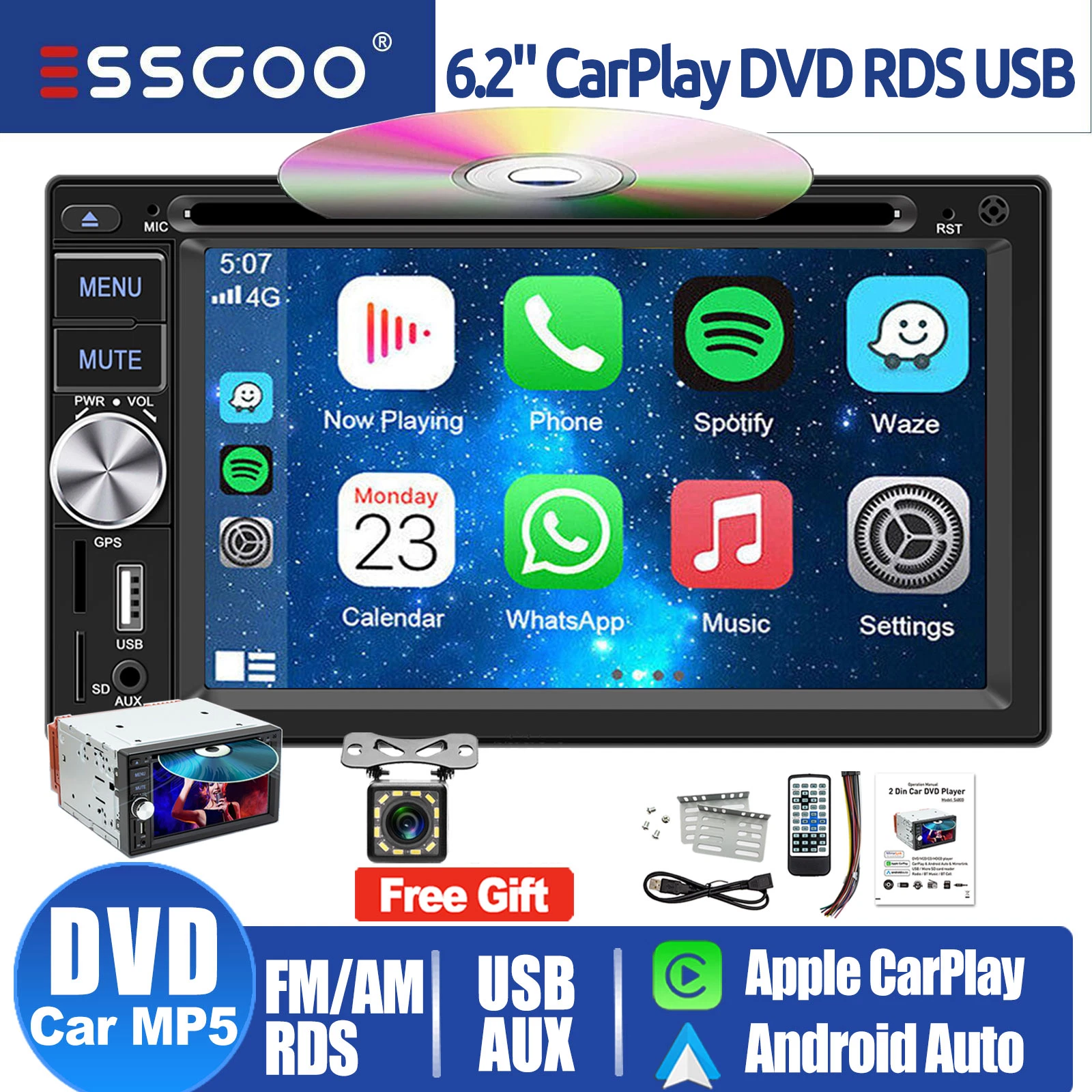 ESSGOO ユニバーサル 6.2 インチ Apple Carplay Android Auto ダブル 2 DIN カーステレオラジオ CD DVD プレーヤー AUX FM USB MP5 ミラーリンク BT