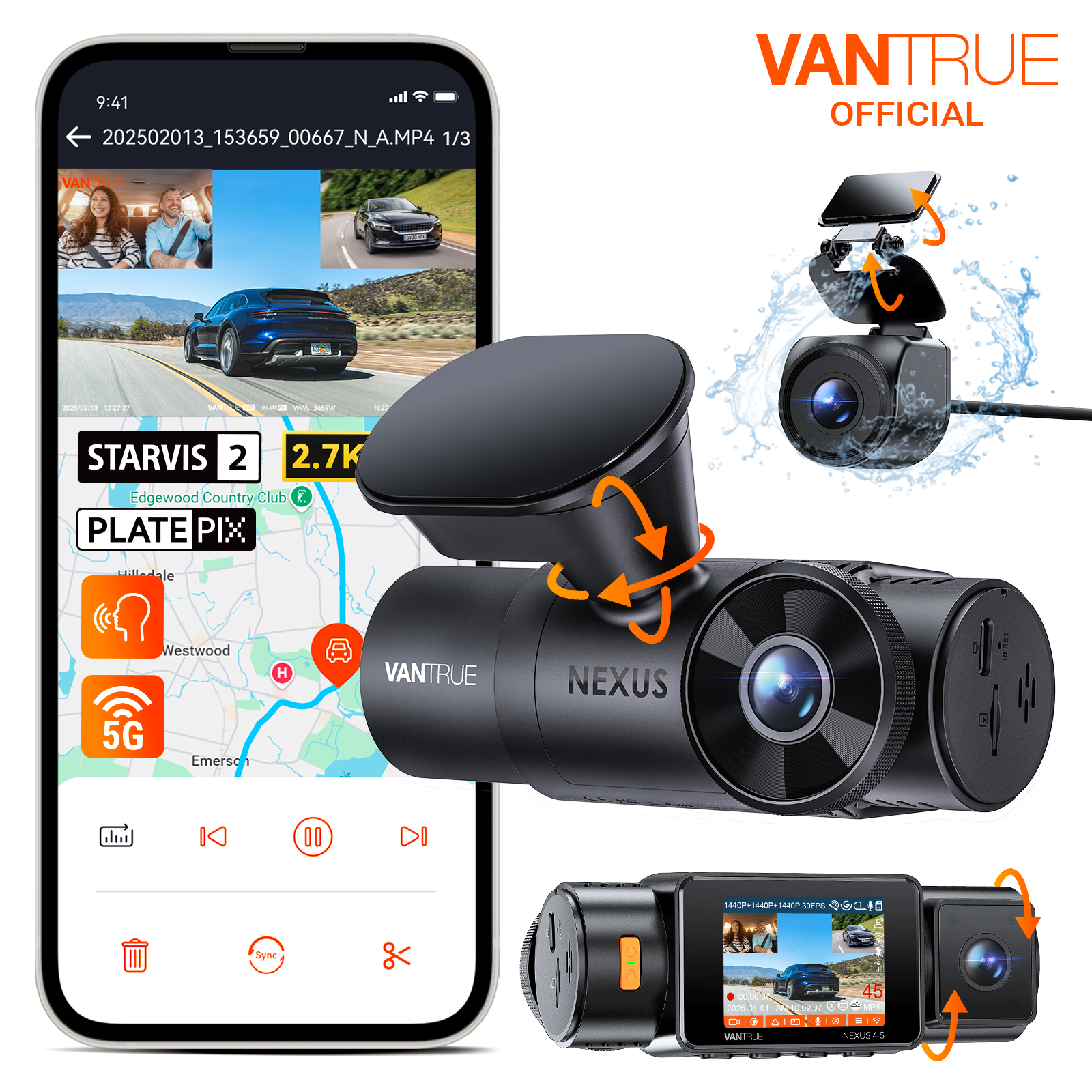 Vantrue N4S DashCam 3 Channel WiFi STARVIS 2 2.7K+1440P+1440 Waterproof Rear Camera HDR IR Night Vision GPS 24h Packing Mode