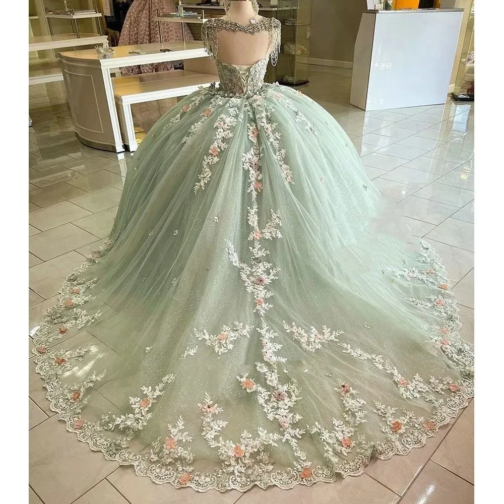 グリーン光沢のあるフラワーガールドレス結婚式のための高級レースアップリケスパンコールレースアップドレス女の子ブライズメイド誕生日パーティー夜会服