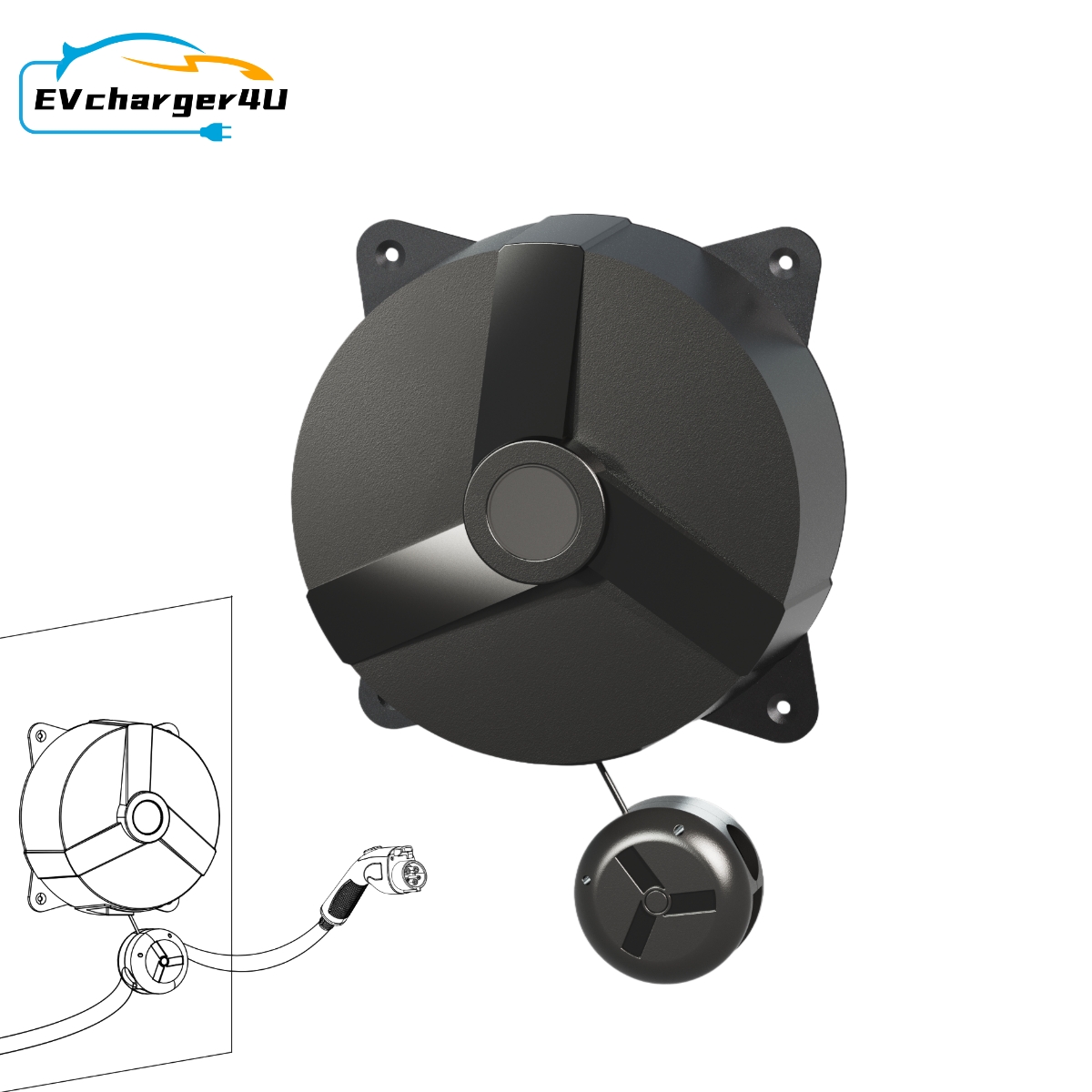 EVcharger4U ウォールボックス ケーブル マネージャー リール 電気自動車充電 Type2 Type1 GBT NACS ウォールボックス用