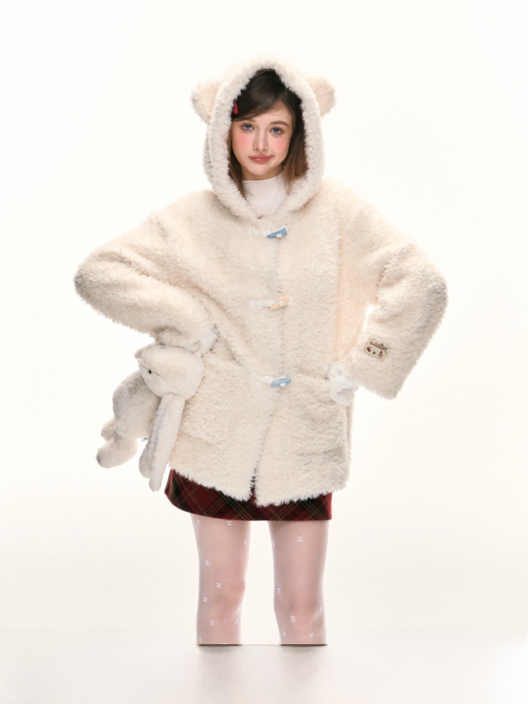 ELEVEN SP Autumn Winter Pure Color Fur Leather Integrated Women's Coat Buttoned Hooded Plush Warmth Long Coat for Youth