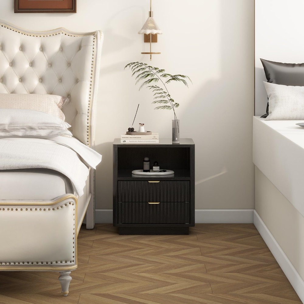 Modern Fluted Wooden Nightstand Set of 2, 2 Drawers & Open Storage Shelves Large Bedside Table, Custom