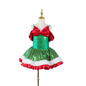 女の子クリスマスツリー形ダンスドレスグリーンスパンコールレッドサテンフリルトリムチュチュスカートクリスマスパーティーリサイタル用