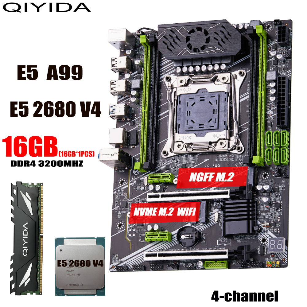 QIYIDA X99 motherboard set kit LGA2011-3 xeon E5 2680 V4 1*16GB=16GB 3200MHz 4 channels DDR4 SATA 3.0 nvme M.2 SATA M.2ATX