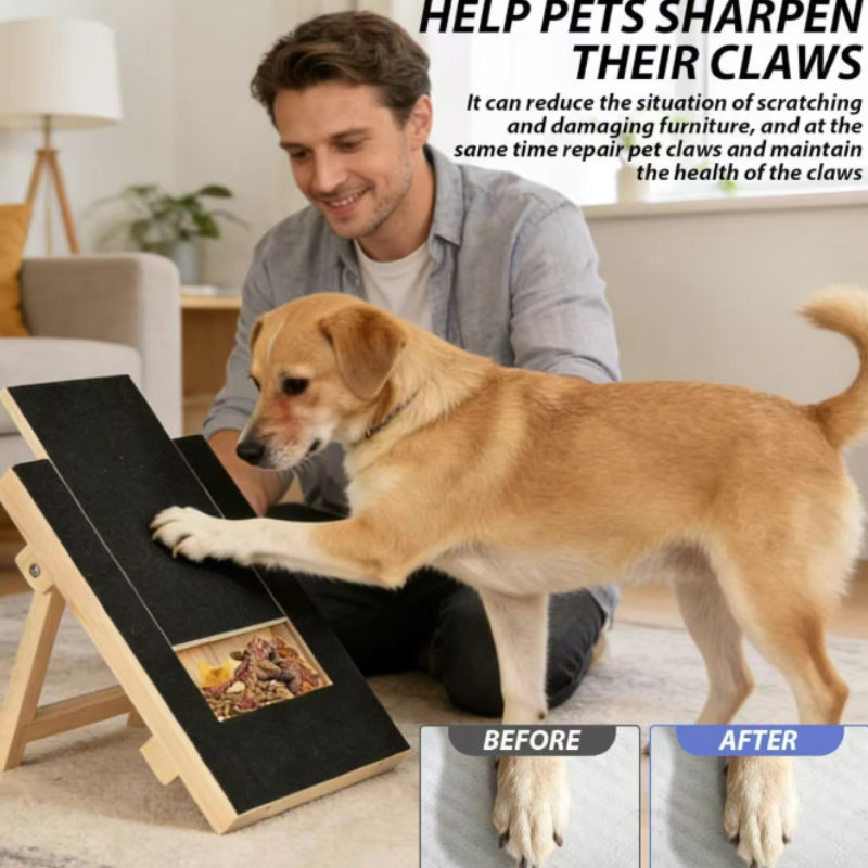 犬用木製ペットスクラッチボード おやつボックス内蔵 ネイルトリムパッド 引き出しデザイン サンドペーパー表面スクラッチおもちゃ