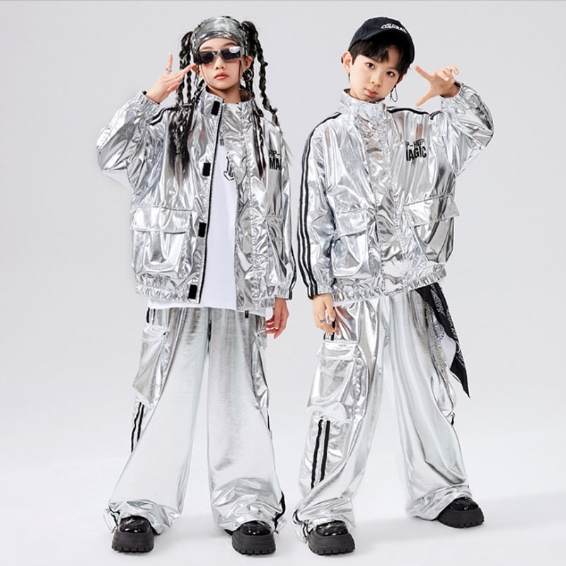 ボーイズヒップホップクールシルバージャケットストリートダンス K-POP カーゴパンツ女の子革服セットキッズ子供ティーンジャズ光沢のあるストリート