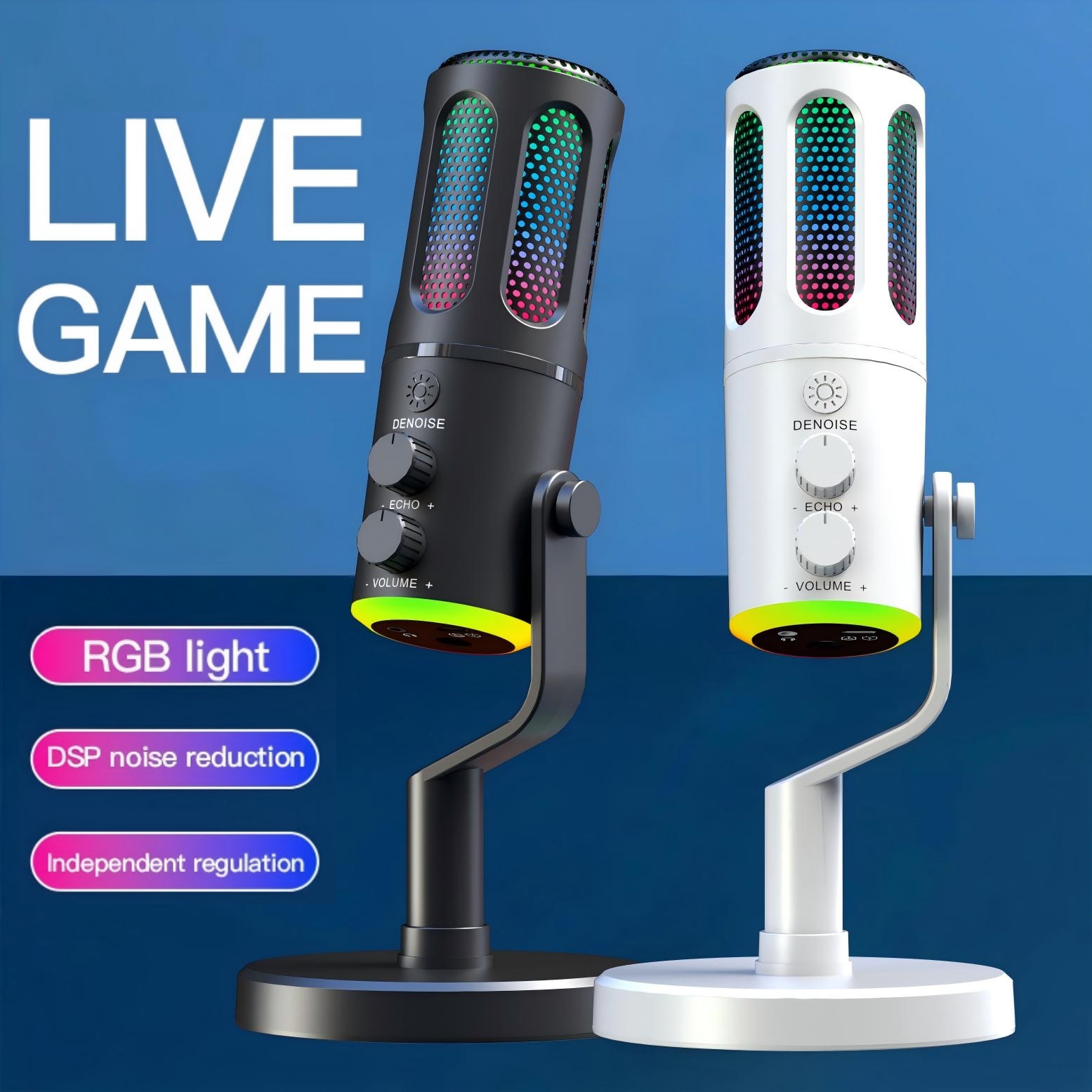 RGB ライト付き USB コンデンサー マイク、DSP ノイズ リダクション、独立したモニタリング、メディア録音とライブ ストリーミングに使用