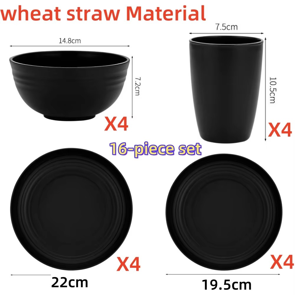 16PCS 小麦ストローPPカトラリーセット、皿とボウルセット、カトラリーセット、食器洗い機対応、再利用可能なカトラリー ブラック - プレート、ボウル、カップ