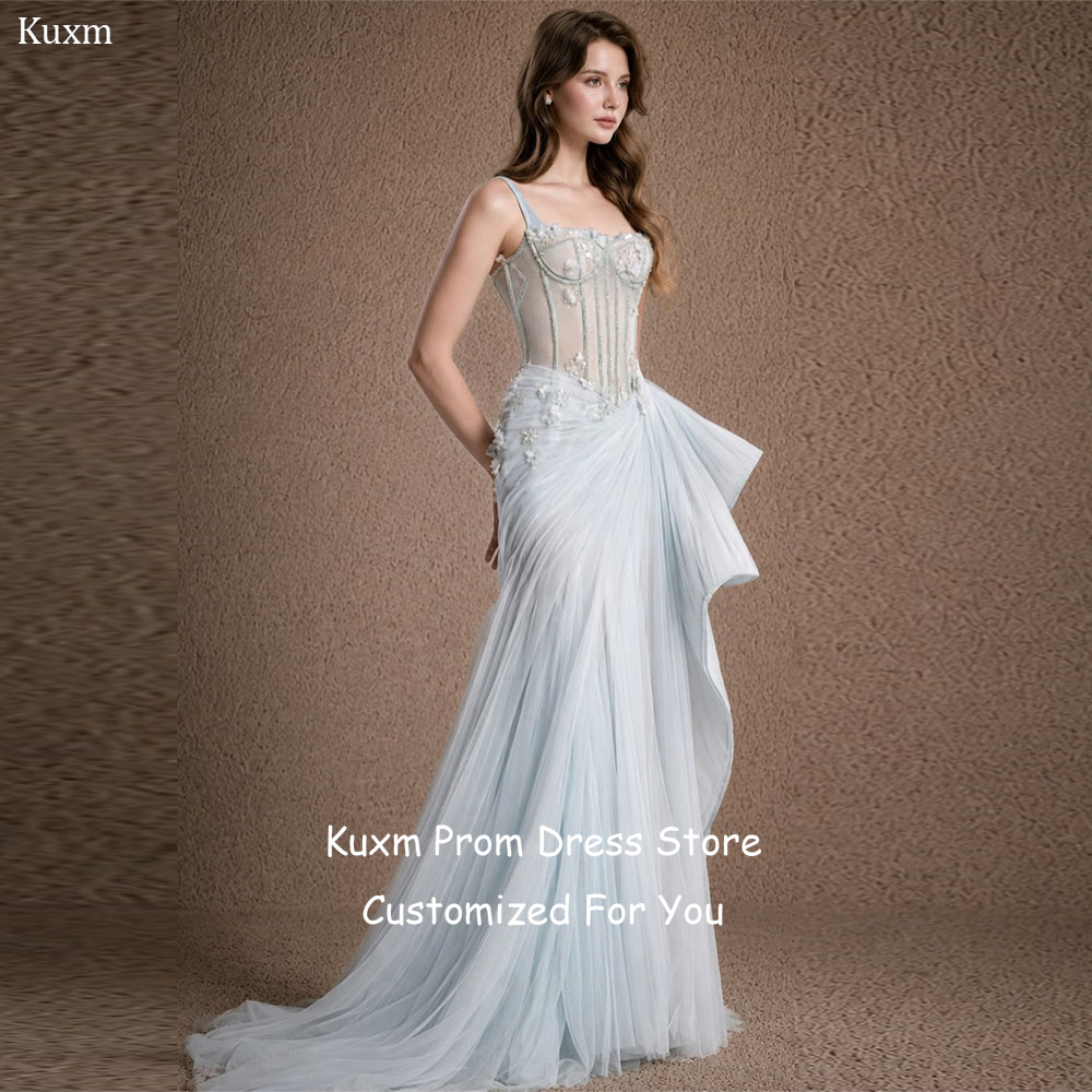 Kuxm チュール A ラインイブニングドレス女性花恋人ウエディングドレススパゲッティストラップロングトレーン Vestidos デ · フィエスタカスタマイズ