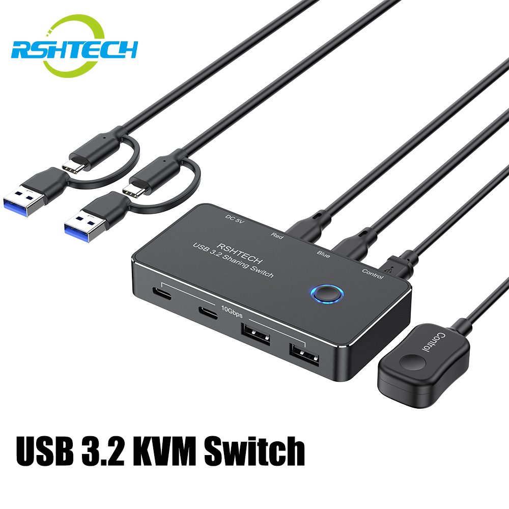 RSHTECH USB 3.2 スイッチ 2 入力および 4 出力 USB C KVM スイッチャー 10Gbps 共有キーボード マウス プリンター USB スイッチハブ コントローラー付き
