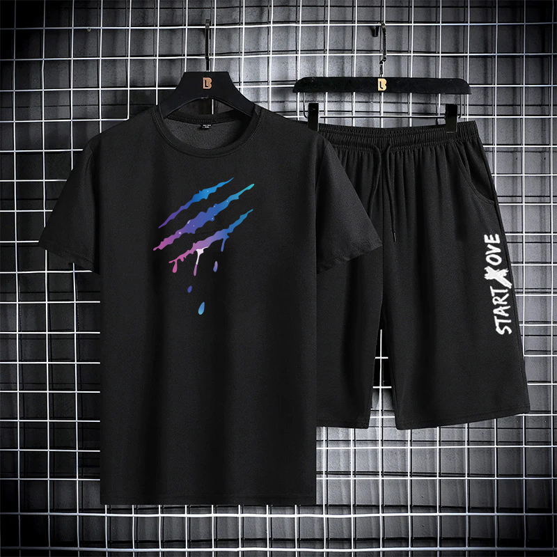 2025 夏薄型カジュアル速乾ツーピースセットメンズセットスポーツアウトドアランニング半袖 Tシャツショーツトラックスーツセット