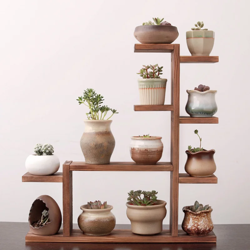装飾屋内木製植物スタンド多層無垢材デスクトップフラワーディスプレイスタンド小さな緑の植物ラック