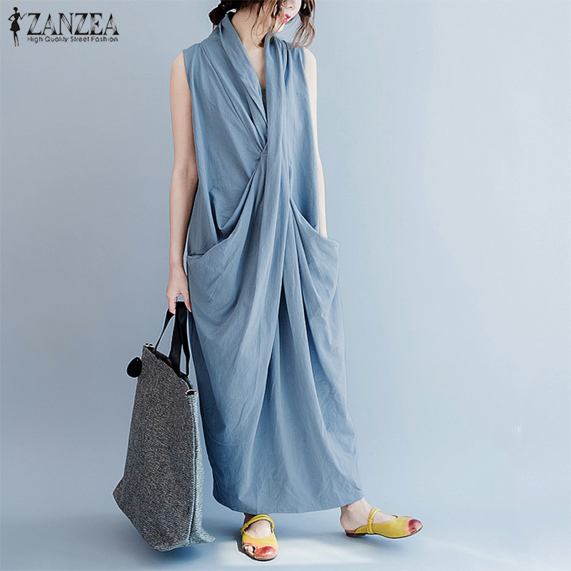 ZANZEA オーバーサイズ非対称マキシドレスの女性の夏 2025 ホリデーサンドレス女性 V ネックドレープ Vestidos レーヨンローブファム
