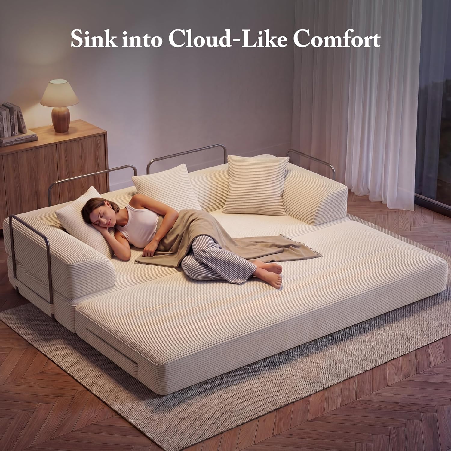 89インチクラウドボーンレスコンバーチブルソファベッド、5-in-1折りたたみ式コーデュロイソファ、高密度スポンジ、3人掛け、カスタム