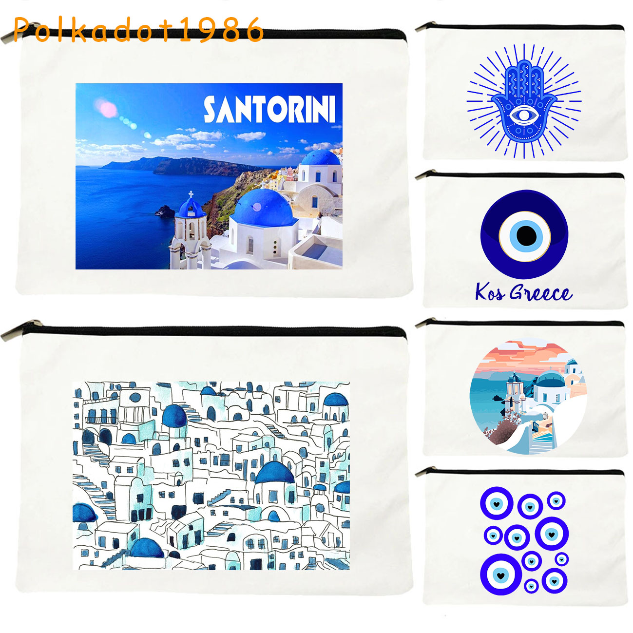Love Santorini Greece Paradise KOS Island Greek EVIL EYE Mandala Hamsa Canvas Cosmetic Bags Toilet Makeup Bag School Pencil Case