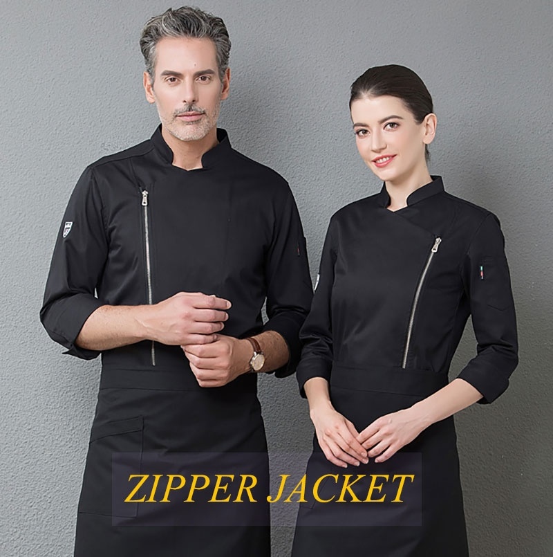 シェフジャケット男性女性クックコートレストラン制服ジッパースタンドアップカラー食品サービスキッチン服ウェイター着用