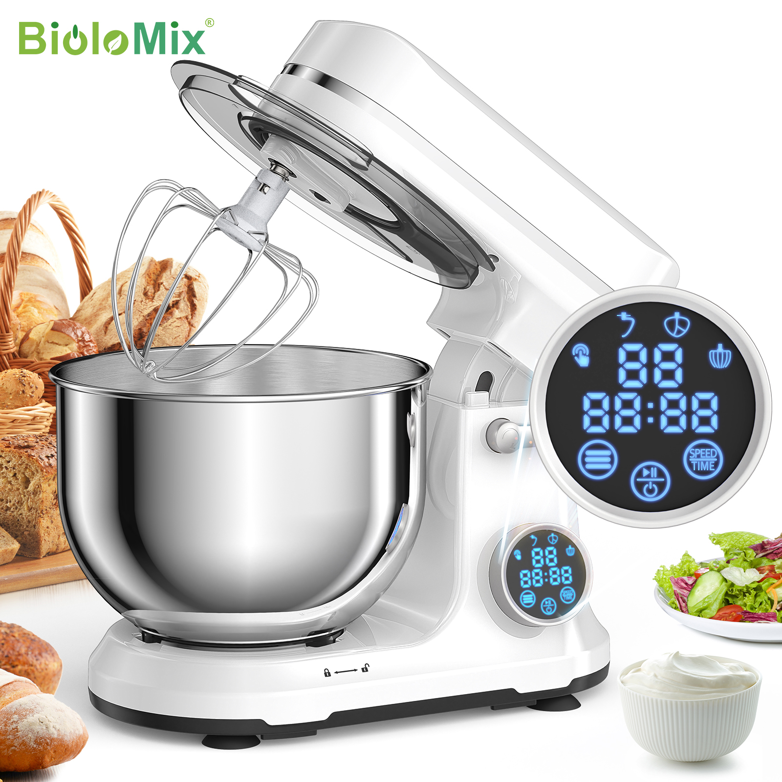 BioloMix キッチンフードスタンドミキサー、1200W 11スピードDCモーター、デジタルOLEDスクリーン、生地フック付き電動フードミキサー、泡立て器