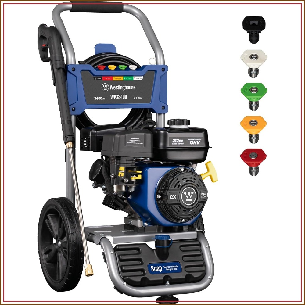 3400 PSI 2.6 GPM ガス高圧洗浄機、5 ノズル、石鹸タンク、車/フェンス/私道/パティオ用