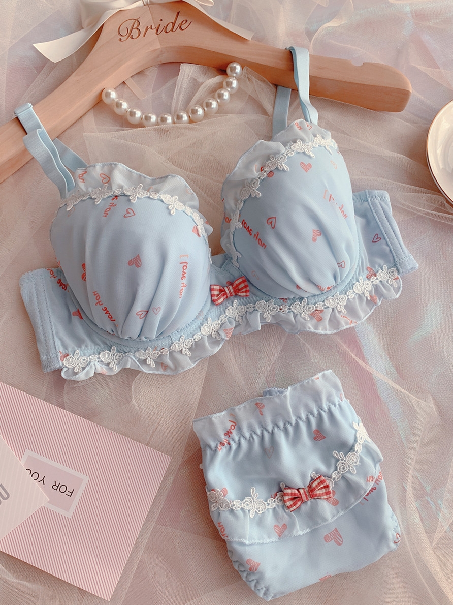 Cute and sweet girl bra panty set large size with steel ring gathered lingerie sexy thin cup underwear panties