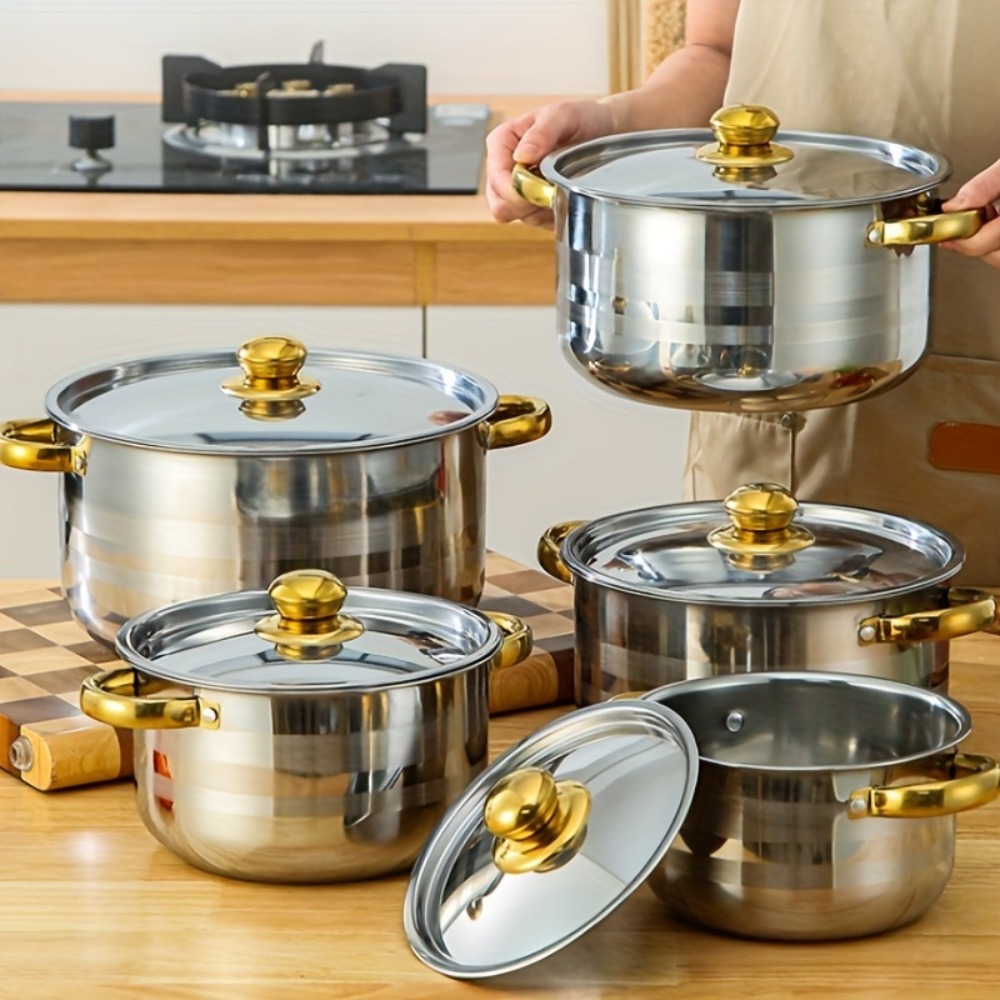 ゴールデンステンレススチール調理器具5点セット - 耐久性、多目的、お手入れ簡単、すべてのストーブに対応、焦げ付き防止、