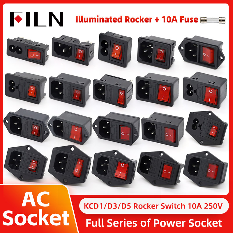 FILN 赤色 LED IEC320 C14 AC ソケット 3 ピン 250V ロッカースイッチ 10A ヒューズ付きメスオスインレットプラグコネクタ 2 ピンマウント