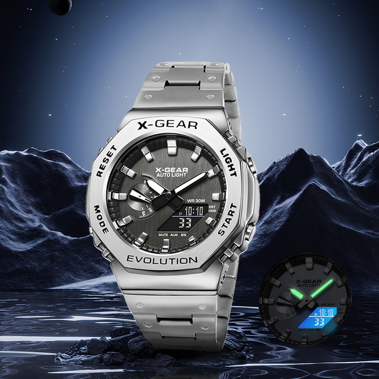 X-GEAR デジタル スポーツ 電子ユニセックス ウォッチ デュアル ディスプレイ フル機能 LED 合金 ラージタイム スチール ストラップ
