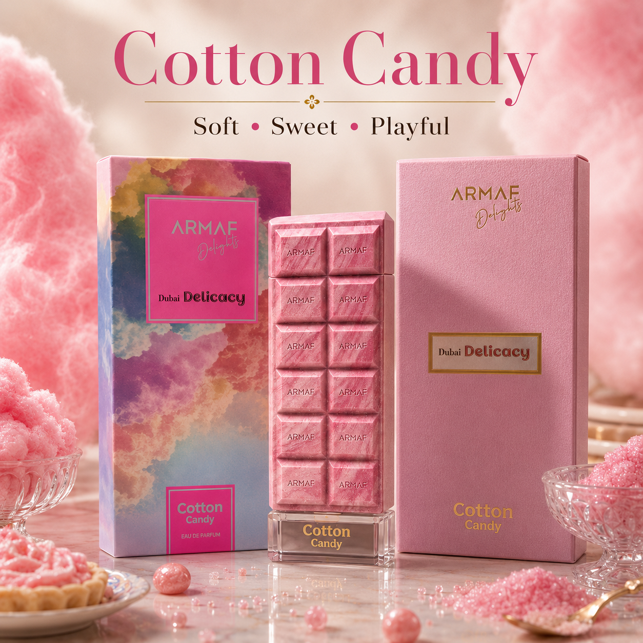 ARMAF Delights Dubai Delicacy Collection 香水セット、コットンキャンディー入りグルマン オードパルファム、クナーファ チョコレート、レッド ベルベット、甘くて暖かいフレグランス トリオ