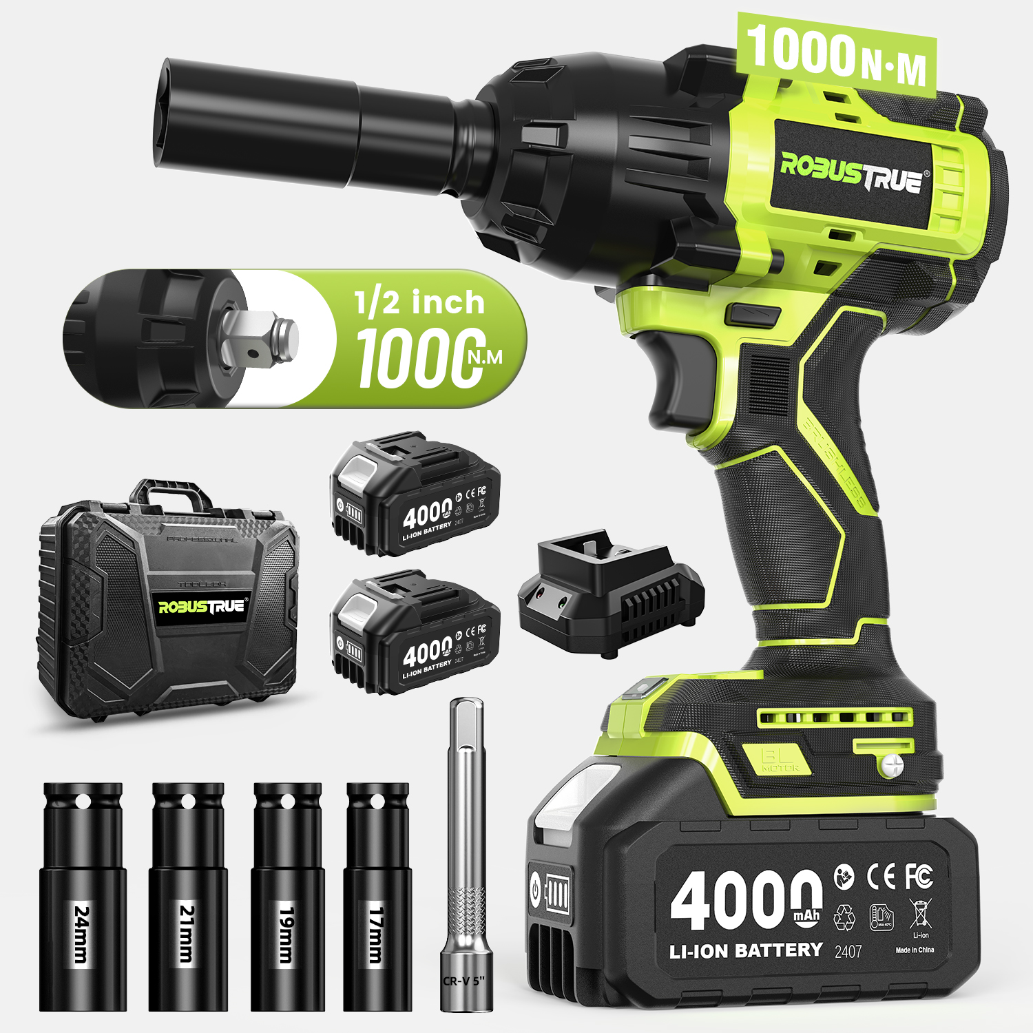 Robustrue 1000N.m ブラシレスインパクトレンチコードレス高トルクインパクトガン 4.0Ah バッテリー付き電動レンチ車のトラックの修理電動工具