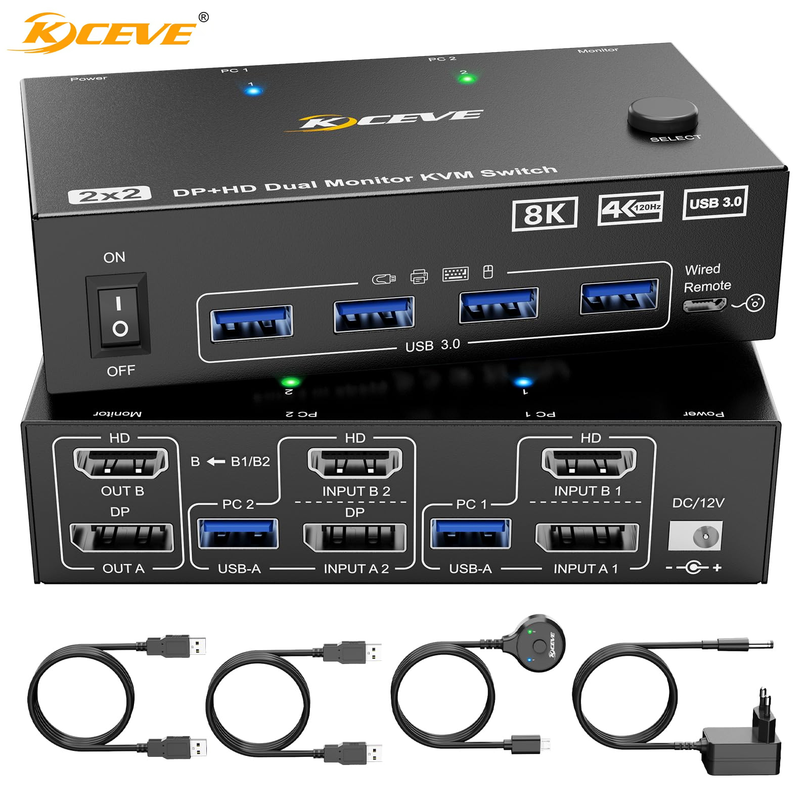 8K KVMスイッチ 2 PC 2モニター、KCEVE ディスプレイポート HDMI デュアルモニター KVMスイッチ 2 PC共有 2モニターと4 USB 3.0デバイス用
