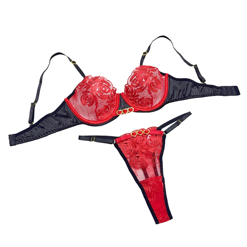 セクシーなランジェリーセットレースロマンチックなパッチワークブラジャーブリーフセットシームレスな刺繍花下着 Tバックシースルー女性エキゾチックセット