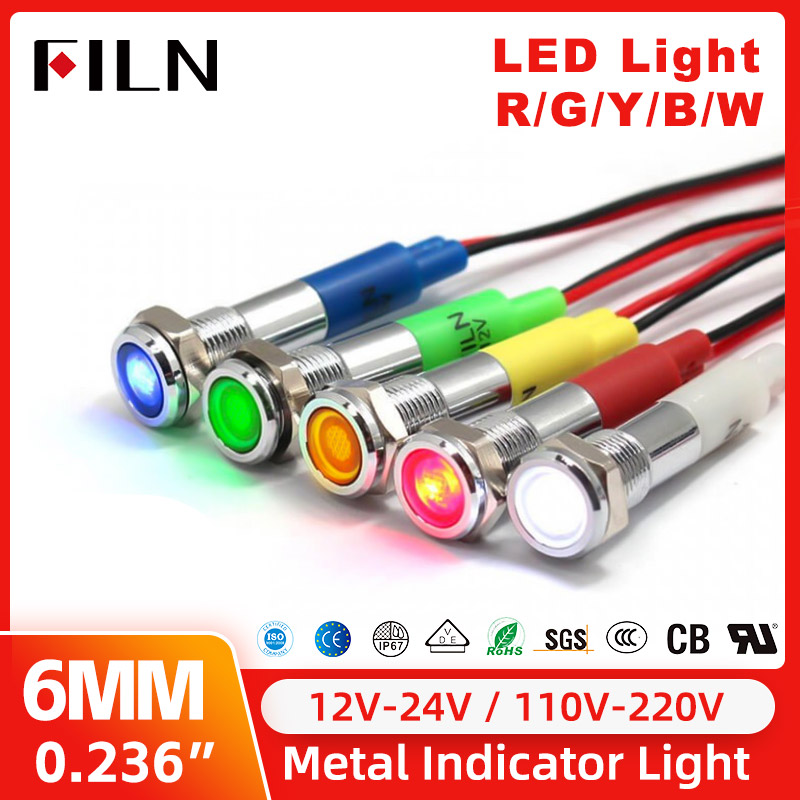 5 個 6 ミリメートルパイロットパネルダッシュ信号ミニ 12v 24v LED メタルインジケータライト赤緑 20 センチメートルケーブルライトフラット信号ランプ