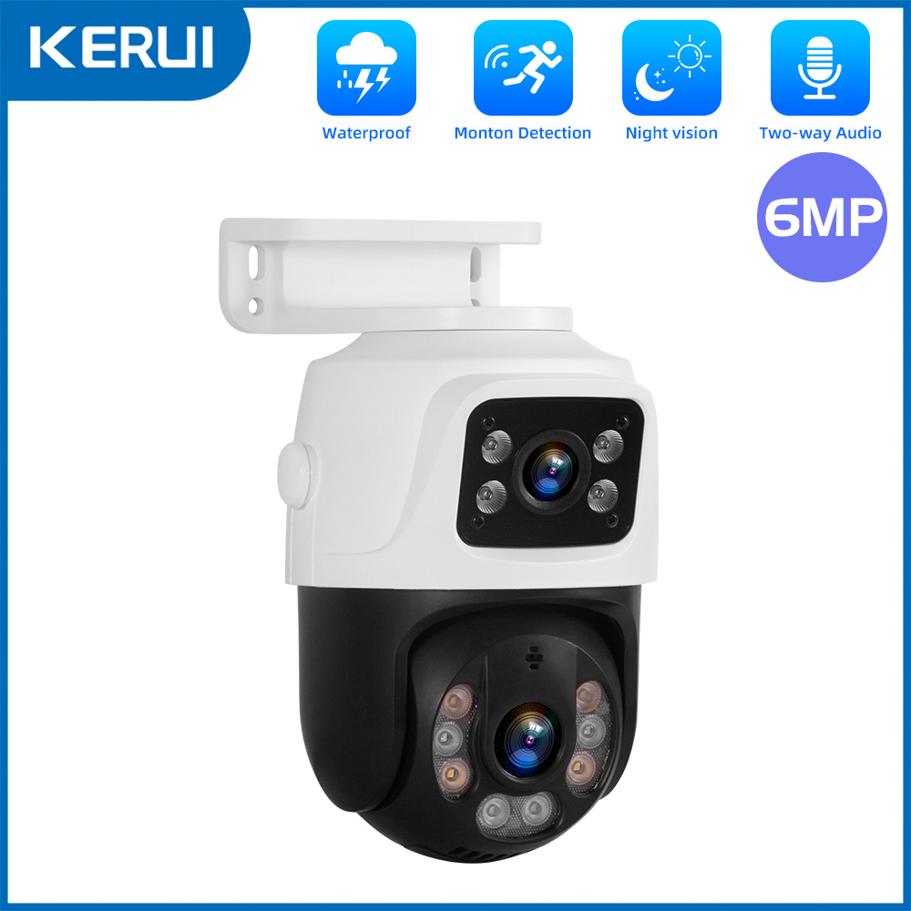 KERUI 屋外デュアルレンズ PTZ 6MP POE IP カメラホームセキュリティカメラビデオ CCTV 監視 Onvif iCSEE カメラデュアルスクリーン