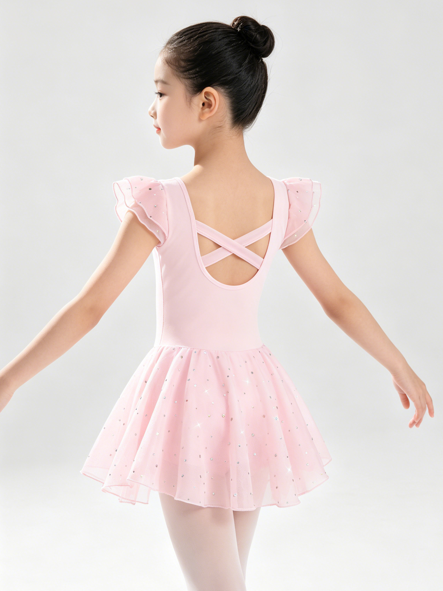 女の子バレエレオタード光沢のあるスパンコールフリルスリーブダンスドレス幼児十字バックバレエ衣装