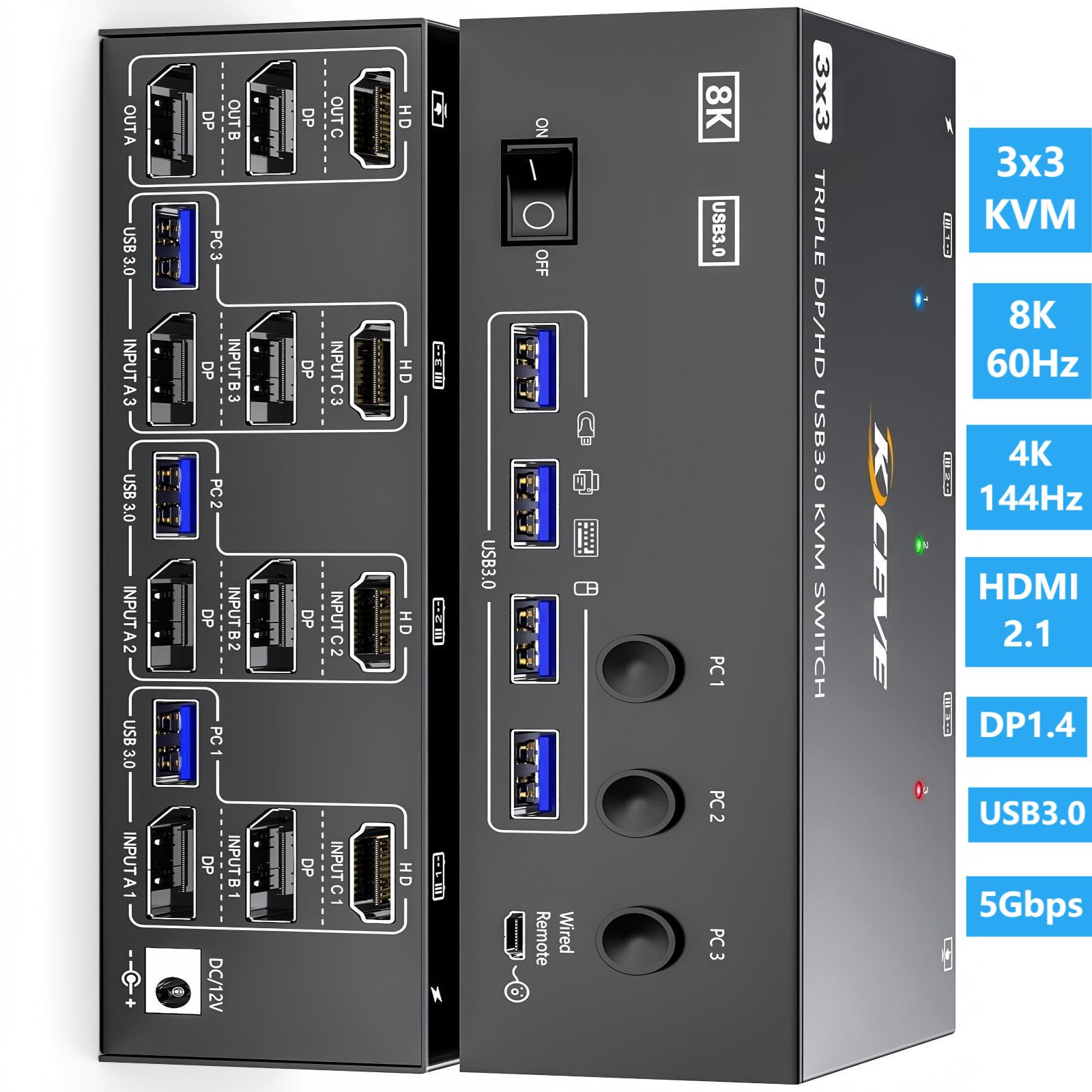 KVM スイッチ 3/2 モニター 3 コンピューター 8K@60Hz、HDMI ディスプレイポート トリプル モニター/デュアル モニター 混合ディスプレイ KVM (USB 3.0 ポート 4 つ付き)