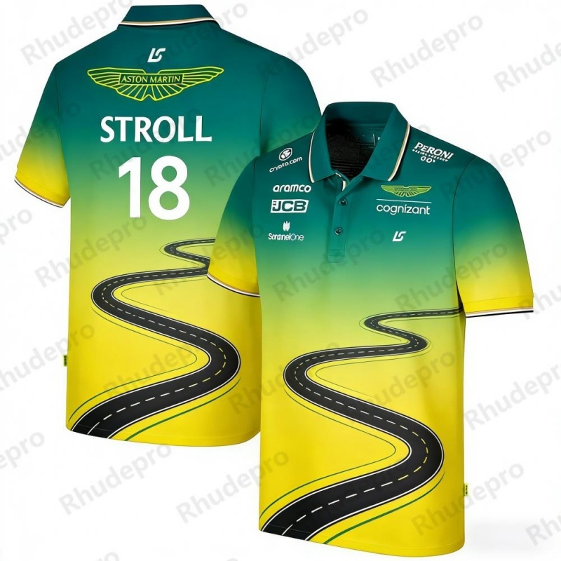 アストンマーティン チーム ストロール 18 レー​​シング テーマ 半袖ポロシャツ グラデーション デザイン F1 ファン アパレル スポーツウェア