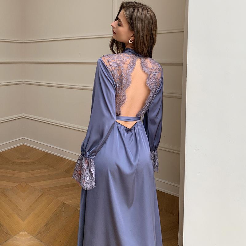 女性の薄いレースのパッチワーク背中の開いたロングサテンパジャマ快適なパジャマ柔らかい生地ホーム服ローブバスローブ