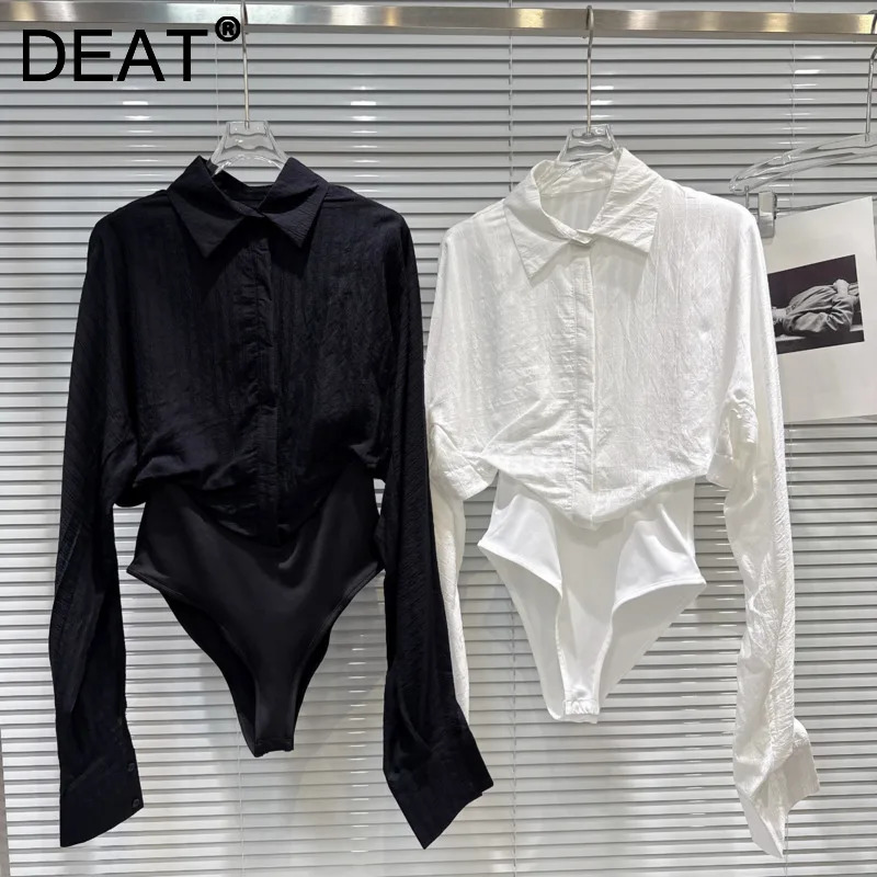 DEAT 2026 春の新ファッショナブルな偽ツーピースデザインスリムフィットワンピースボトムシャツ女性のためのソリッドカラーのボディスーツ 11A08613