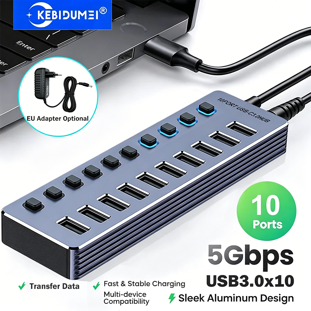 KEBIDUMEI 10 ポート USB 3.0 ハブ、独立したオン/オフ スイッチ付き 5Gbps 高速 Type-C スプリッター USB ドッキング ステーション ラップトップ用