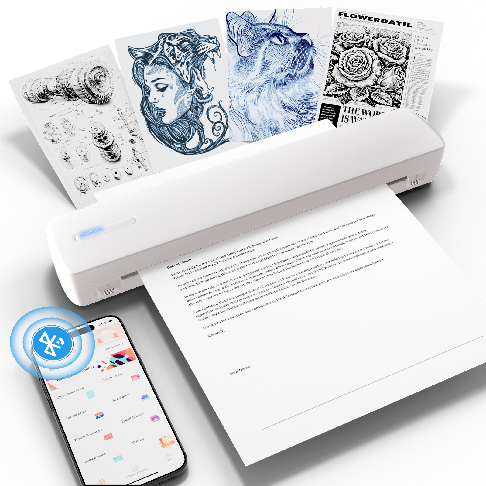 ポータブルプリンターワイヤレスインクレスサーマルプリンターA4 Bluetooth C80 300DPIモバイルサポートAndroid iOSオフィスワークホームスクール用