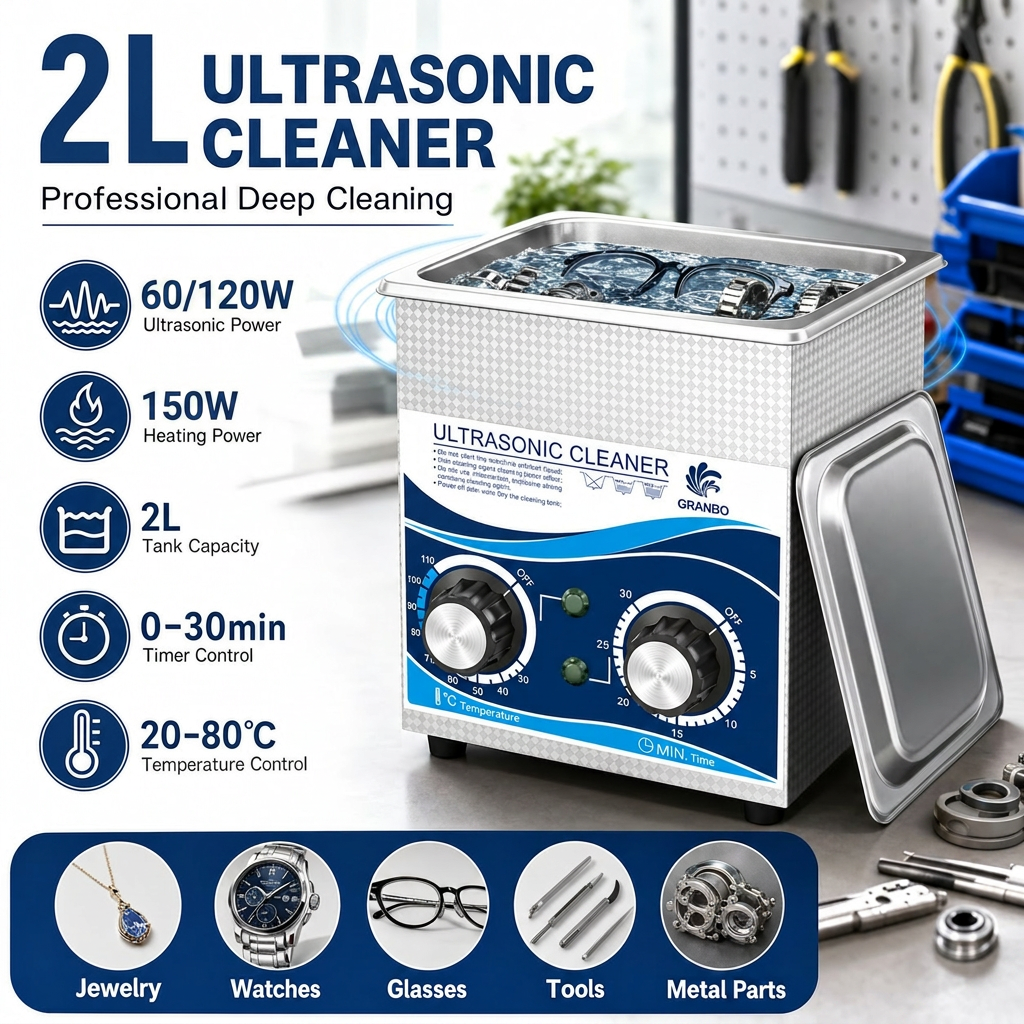 Granbo 2L Ultrasonic Cleaner 40kHz Dual Power with Timer And Heater for Home Use Watch Parts And Lab Tools