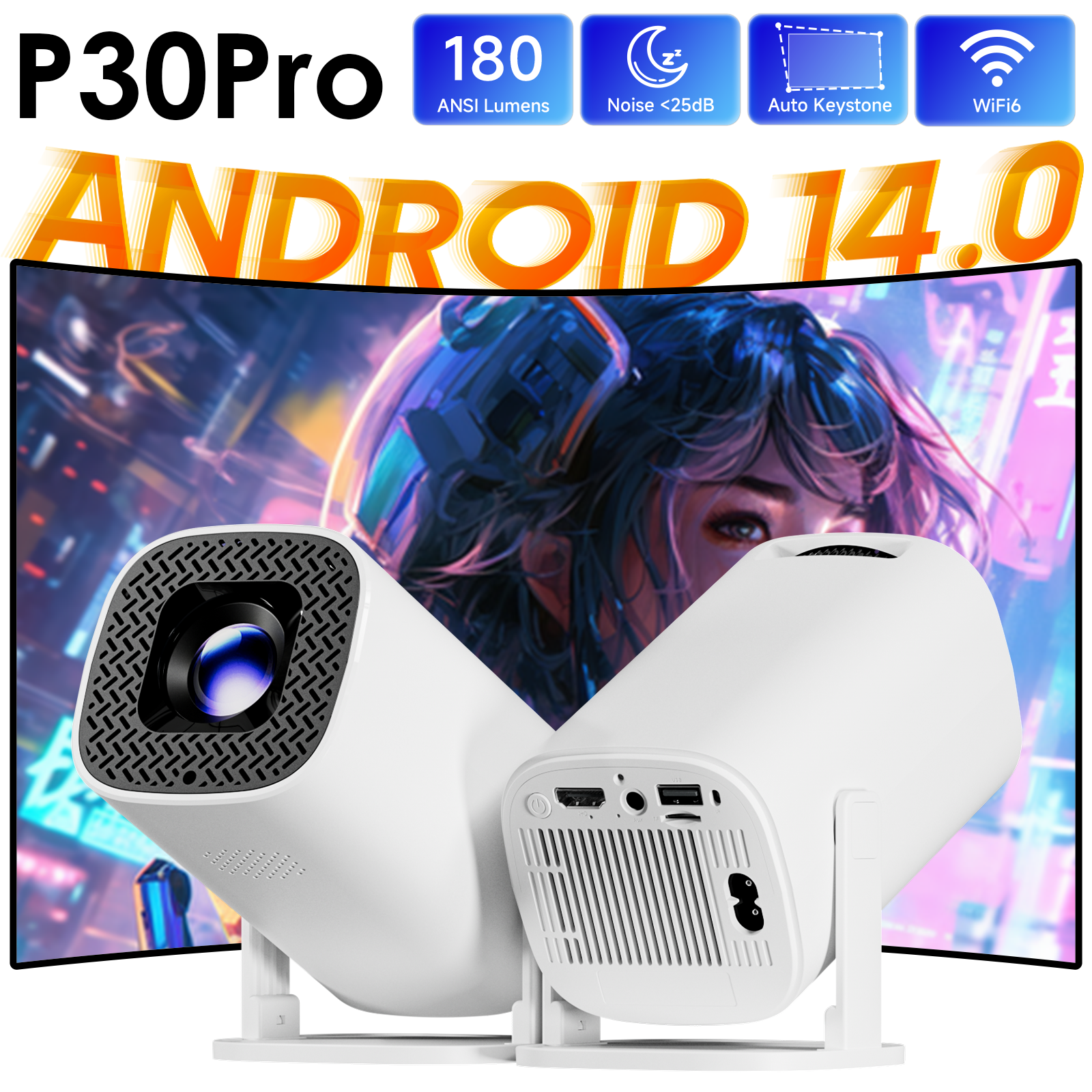 P30PRO Android 14 スマートミニプロジェクター WiFi6 BT 5.0 サポート 4K 1280 * 720P サポートスクリーンミラーリングホームシアタープロジェクター