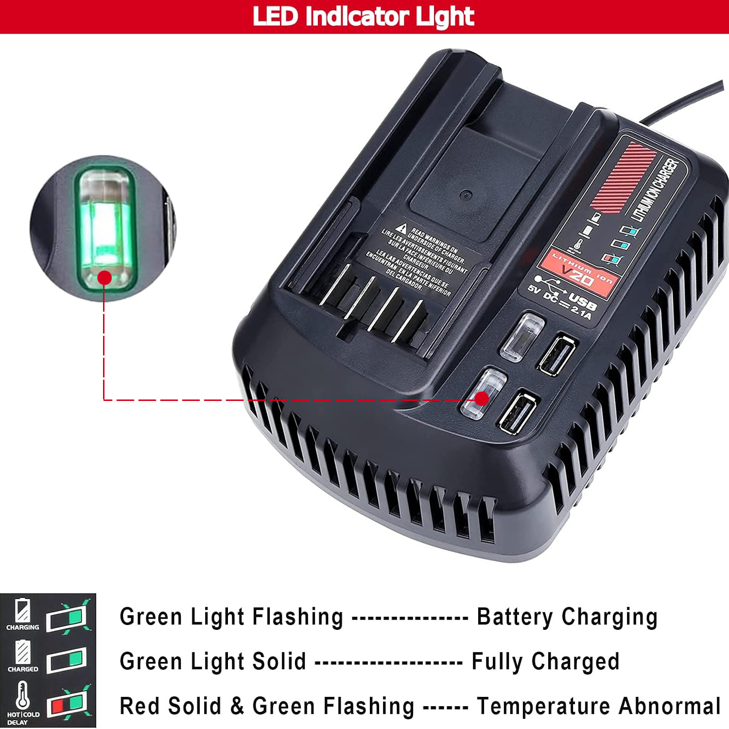 Craftsman 20V Max バッテリー充電器 CMCB104 の 2.0A 20V 充電器交換品、Craftsman 20V リチウム電池 CMCB101 CMCB204 CMCB202 CMCB201 CMCB209 CMCB205 CMCB102 CMCB100 電動工具と互換性あり
