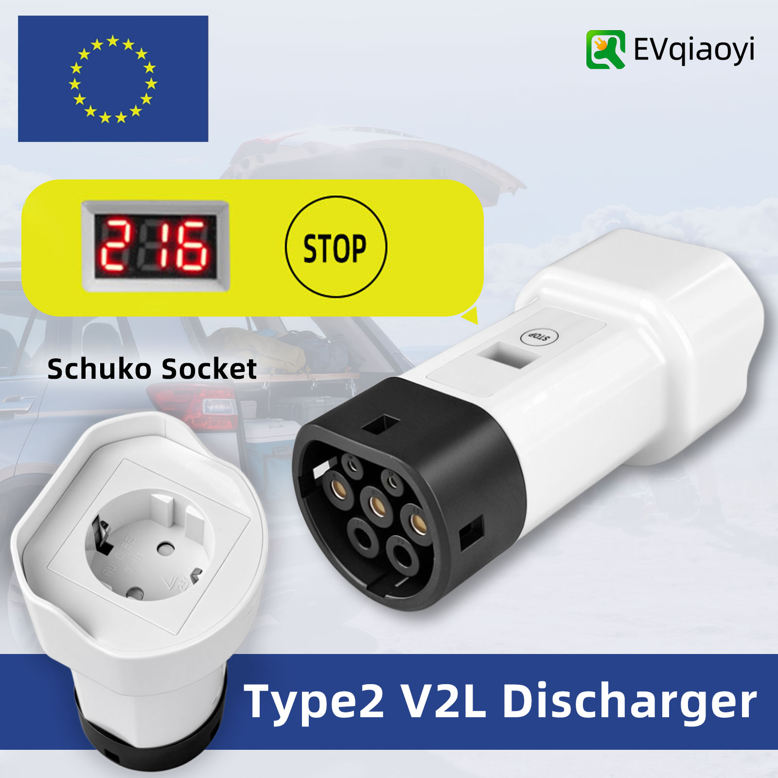 EVqiaoyi Type2 V2L アダプター Schuko ソケット ワンボタン電源オフおよび電圧表示放電プラグ付き Type2 電気自動車用