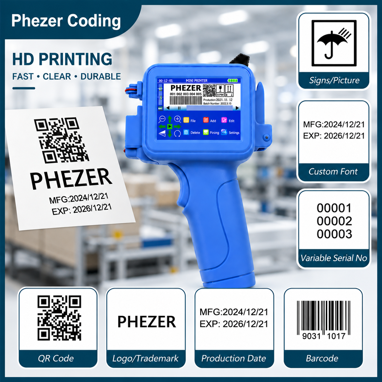 Phezer PC16plus ハンディインクジェットプリンター 12.7mm ミニポータブルコーダー QR/バーコード、有効期限、ロット番号、ロゴ、高速ラベル印刷に対応