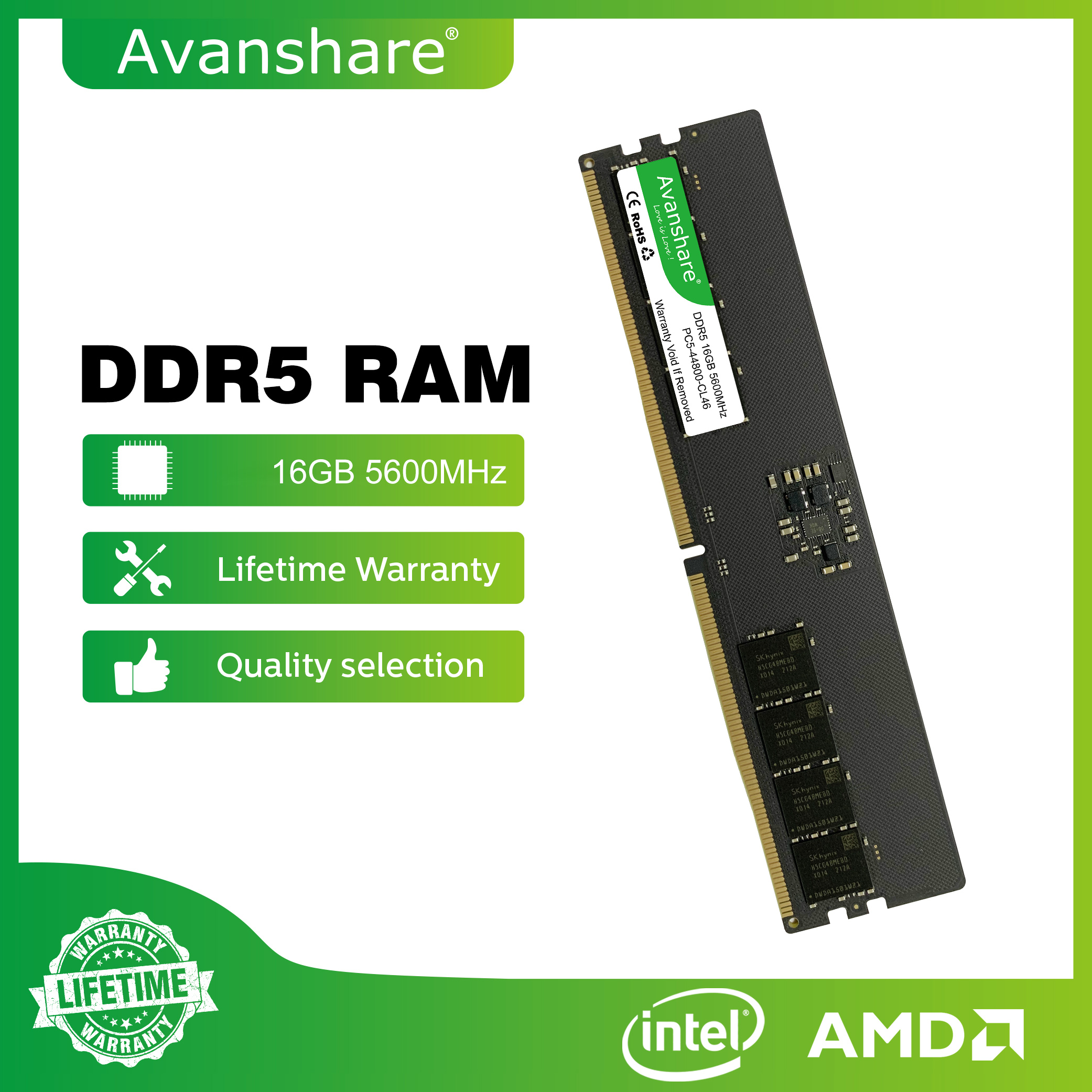 RAM DDR3 DDR4 DDR5 32GB 16GB 8GB 4GB 1333 1600 2400 2666 3200 5600MHz デスクトップメモリ（すべてのマザーボードに対応、Intel、AMD対応） Avanshare製