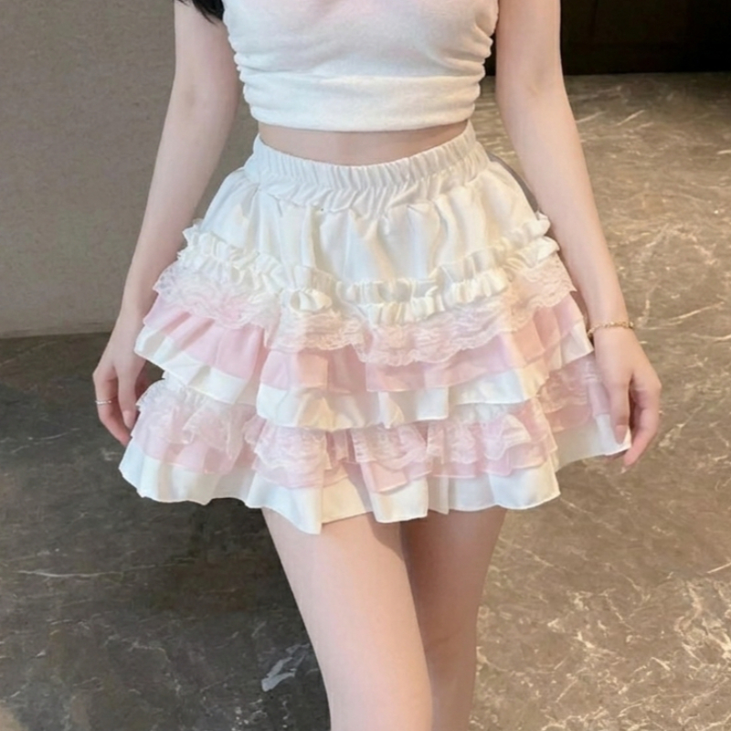 ロリータティアードフリルミニスカートレーストリムかわいいケーキスカート女性甘いピンクスコートコケットフェアリーコアソフト女の子かわいい Y2K