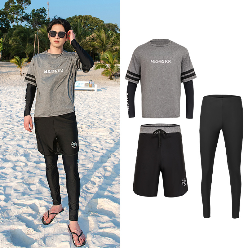 メンズ 3 ピース/セット ラッシュガード スイム Tシャツ 長袖 ランニング シャツ トランクス パンツ 水着 水泳 ハイキング トレーニング服 ジャージ