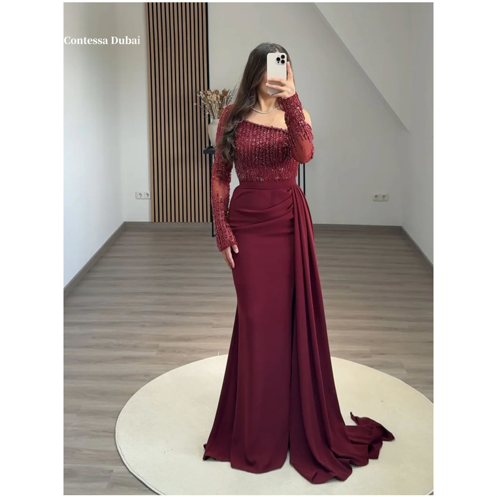 Contessa Dubai Sloped Shoulders Long Sleeves Beads Prom Dresses Burgundy Removable فساتين سهرات Zip Floor-LengthSrobes de soirée