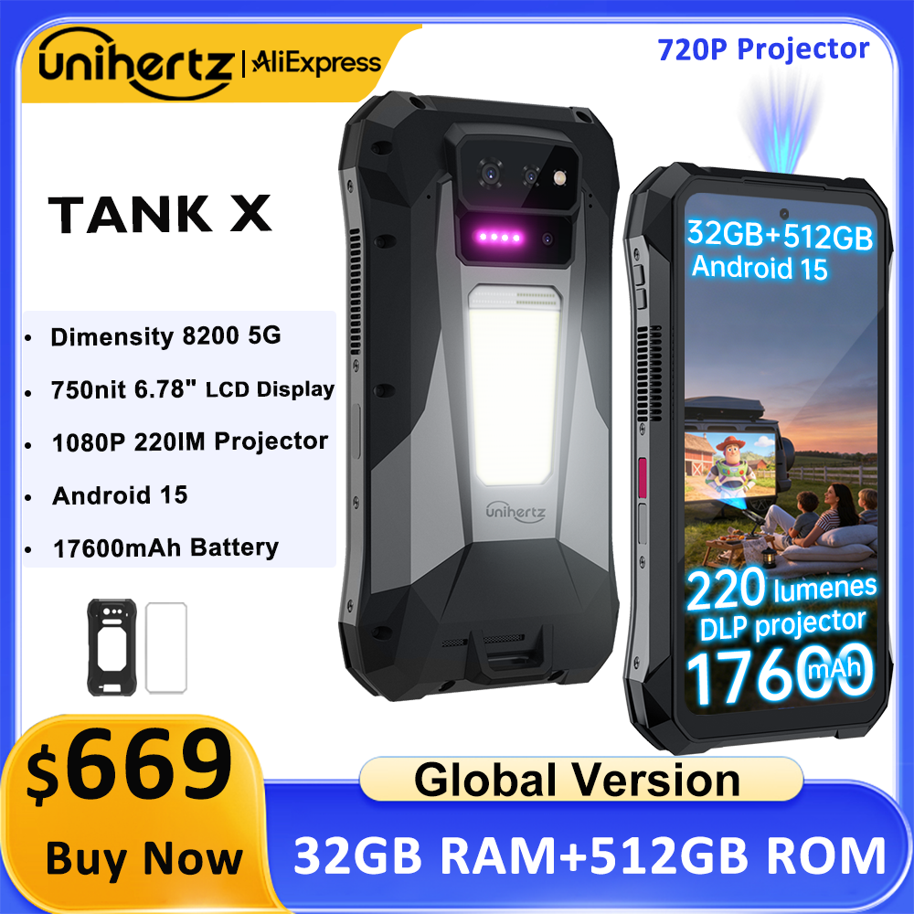 Unihertz by 8849 TANK X 頑丈なスマートフォン 5G Android 15 内蔵 1080P 220 ルーメン DLP 投影 17600mah 50MP カメラ 32GB 512GB